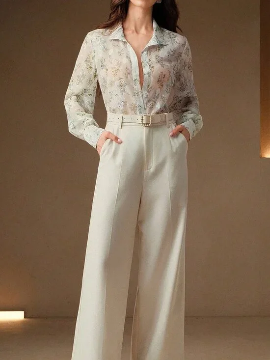 White Elegant Casual Women's Floral Print Long Sleeve Blouse - Picture 5 of 6